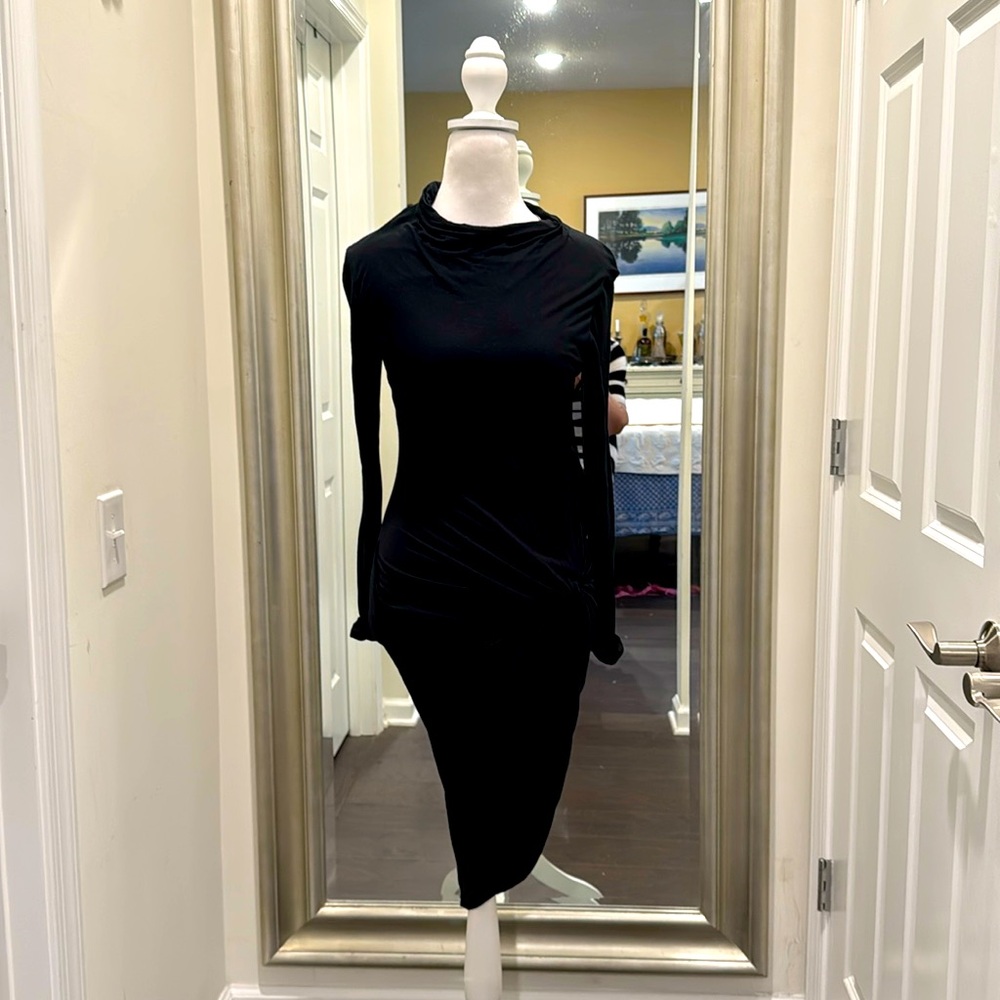 Helmut Lang Black Asymmetrical Ruched Dress Sz S 100% Modal long sleeves